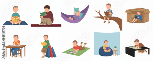 Flat Illustration Set of Child Reading in Different Locations and Poses
