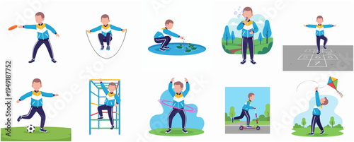 Flat Style Diverse Active Boy Enjoying Outdoor Leisure Activities Illustration