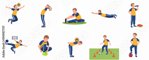 Flat Design Boy Football Player Activity Illustration Set on Isolated White