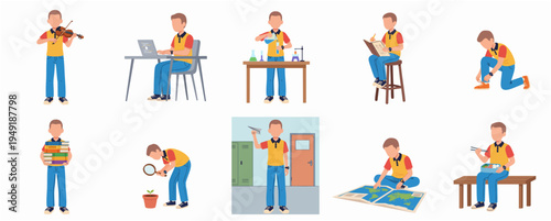 Cartoon Flat Illustration of Boy in Various Learning Activities Scene