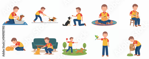 Flat Illustration Set Young Boy with Different Activities with Pet Animals