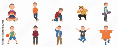 Flat Illustration Set Little Boy in Different Poses Character Design