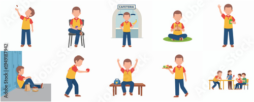 Flat Illustration Set of School Boy in Different Situation Activities