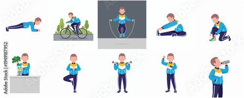 Flat Illustration of Healthy Lifestyle and Fitness Activities Icon Set