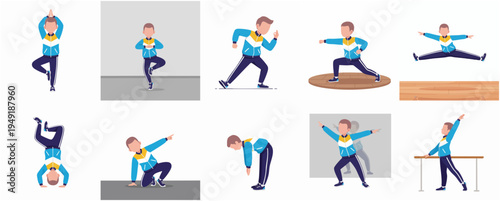 Cartoon Style Various Yoga and Workout Poses Man Character Set Illustration