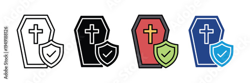 Coffin with protection shield icon set. Funeral insurance, burial service guarantee, and final expense protection symbols. Vector Illustration.
