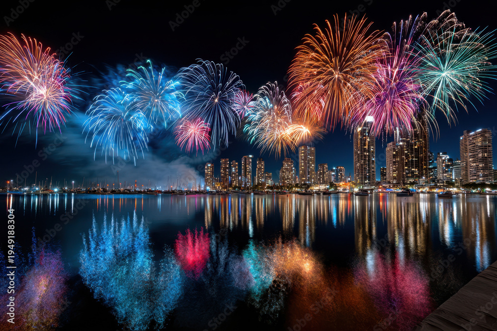Obraz premium Fireworks over a city skyline reflected in water at night