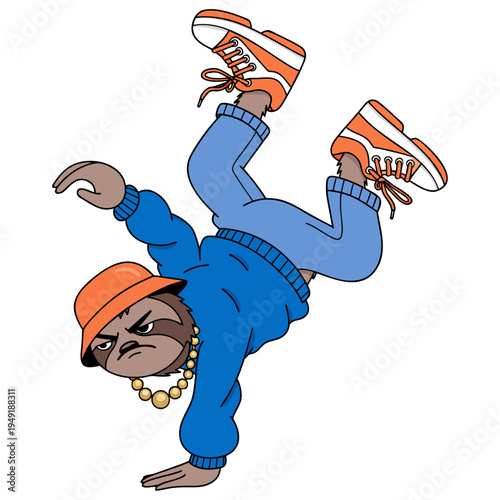 A cool, focused sloth character performing an impressive one-handed handstand in full street-wear gear.      