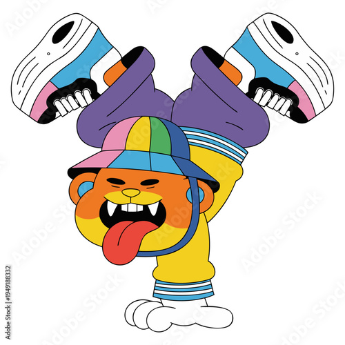 A vibrant, orange-furred Tiger character with fangs and a long tongue, performing a handstand while wearing a colorful bucket hat and chunky sneakers.