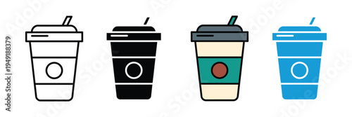 Disposable coffee cup with straw icon set. Takeaway beverage, cafe to-go service, and morning caffeine symbols. Vector Illustration.