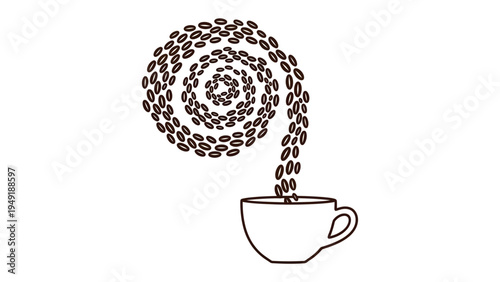 Coffee Bean Swirl: An artistic rendering of a coffee cup being filled with a swirl of coffee beans, a metaphor for the rich and aromatic experience of coffee.