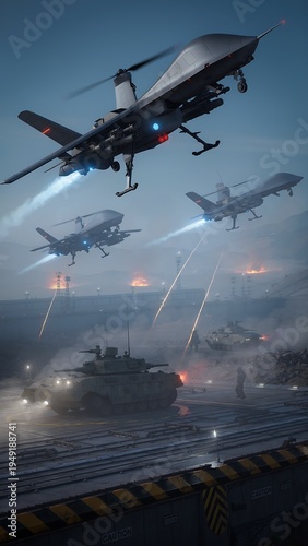 Futuristic War Drones Launching from Military Base Battlefield