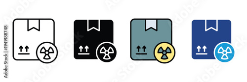 Cardboard box with radiation hazard symbol icon set. Dangerous goods shipping, toxic material handling, and hazardous logistics symbols. Vector Illustration.