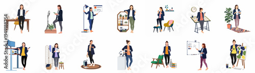 Collection of flat illustrations showing professional women in various home office and creative workspace scenarios, representing diverse remote work careers and tasks.