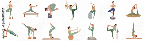 Collection of minimalist flat illustrations of women practicing various yoga poses, mindfulness, and meditation techniques with props on a white background.