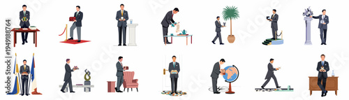 Collection of flat vector illustrations featuring a formal male attendant in a dark suit performing various luxury service, gifting, and hospitality roles.