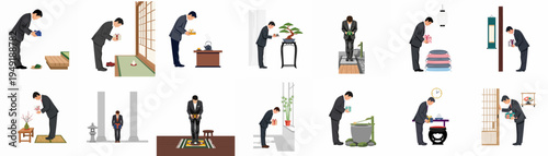 Collection of illustrations depicting a Japanese businessman bowing and offering gifts in various traditional settings, showcasing cultural etiquette, respect, and professional manners.