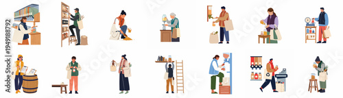 Diverse people shopping at a zero-waste grocery store using reusable glass jars and cloth bags for sustainable, plastic-free living.