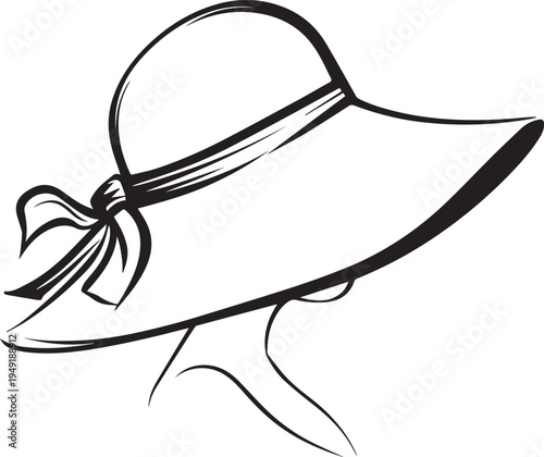 Hand Drawn Woman Hat Black and White Illustration in Minimal Line Art Style Design
