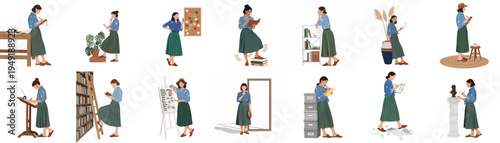 Collection of illustrations of a creative woman writer in various poses, featuring research, writing, brainstorming, and artistic activities on a white background.