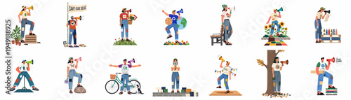 Set of young environmental activists and protesters holding megaphones and banners to promote climate action, recycling, and sustainability in a flat vector style.