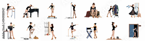 Illustrative set of a female performer in various stages of practice, rehearsal, and preparation for a stage or studio production.