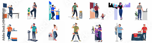 A collection of diverse professionals and promotional staff drinking water while working at trade shows, exhibitions, and corporate events in flat illustration style.