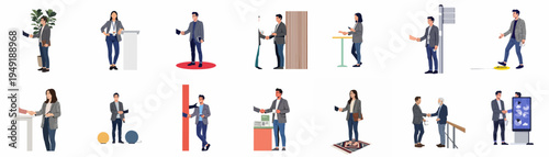 Collection of flat vector illustrations depicting diverse business interactions, professional handshakes, networking, and corporate meetings in a modern office environment.