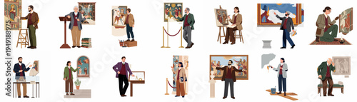 Vector illustration set of art historians, museum curators, and restorers examining and preserving classic paintings, mosaics, and historical artifacts.