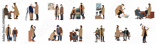 Set of flat vector illustrations featuring investigators, journalists, and film crew in trench coats performing various professional tasks and mystery scenes.