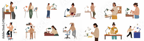 A collection of diverse young women studying and working at their desks, featuring cozy sweaters, lamps, books, and laptops in a flat illustration style.