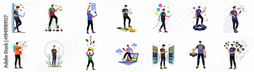 Set of Flat Illustrations Featuring a Young Professional Working with Blockchain Technology, Smart Contracts, Cryptocurrency, Data Management, and Coding in Various Scenarios.