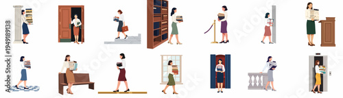 Set of illustrations depicting professional women carrying stacks of folders and documents in various legal, office, and governmental environments.