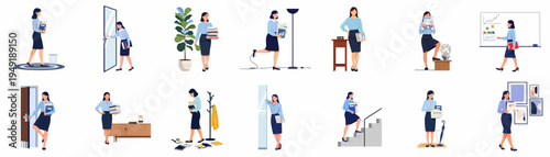 Collection of flat vector illustrations depicting a professional woman in various office scenarios, performing daily business tasks and navigating workplace environments.