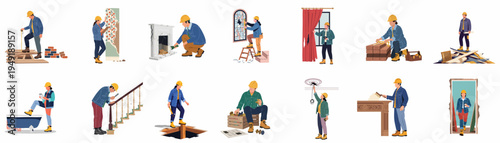 Set of home inspection and renovation scenes featuring male and female inspectors examining various types of property damage and structural issues.