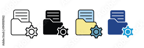 Folder and gear iconso n white background. Settings and configuration symbol. File management and organization vector icons. Vector Illustration