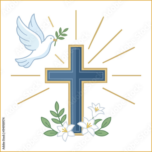 Religious Easter vector illustration of Christian cross with flying dove and spring lilies.