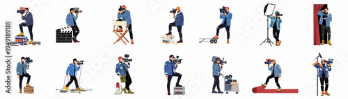 Collection of professional filmmaker illustrations in various poses with cinema equipment, including cameras, clapperboards, and lighting gear, for movie production concepts.