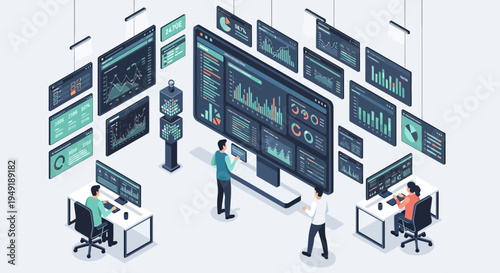 Data analysis center with multiple screens and people working.