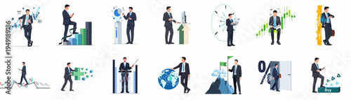 Comprehensive collection of flat business and financial vector illustrations featuring professional men managing stock market data, trading strategies, and career growth concepts.