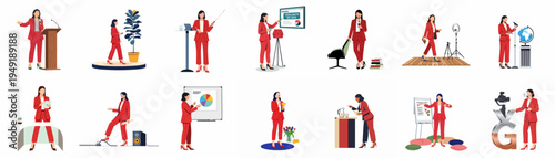 Collection of illustrations featuring a professional woman in a red suit engaged in public speaking, coaching, filming, and various business presentation scenarios.