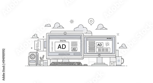 Digital advertising displayed on computer screens with modern office setup.