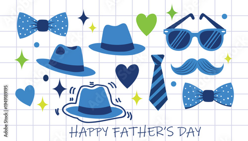Father’s Day Illustration with Hats, Bow Ties, Mustache, and Festive Symbols.