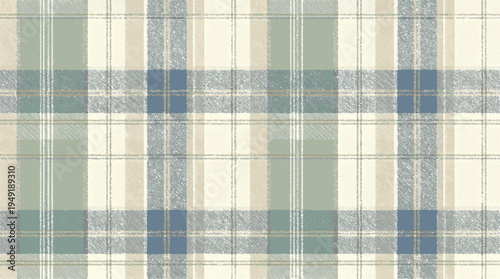 Soft plaid tartan pattern in muted green blue and beige colors for design