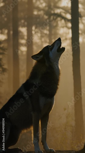 Wolf silhouette howling at sunrise in foggy forest cinematic mist and warm golden light emotive howl