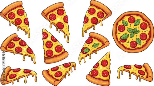 Cartoon pizza vector illustration showing whole pepperoni pizza and slices with melted cheese, basil leaves, dripping gooey toppings, delicious food concept artwork