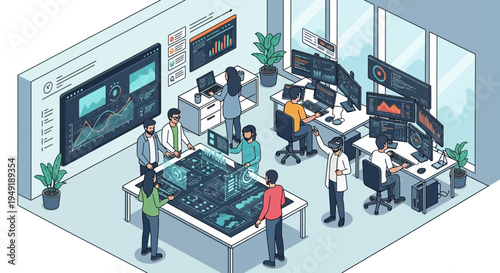 Diverse team collaborating around futuristic interactive data display.