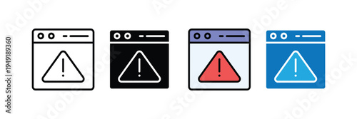 Warning icons in browser windows on white background. Alert signs in web browsers. Vector Illustration