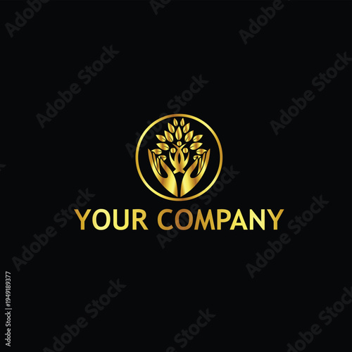 Golden Tree with Caring Hands Logo Design – Luxury Nature, Charity, and Growth Symbol on Dark Background