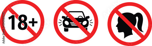 Cartoon prohibition signs vector illustration showing restricted symbols with 18+, car headlights, and ponytail silhouette inside red circle concept artwork